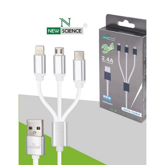 Cabo Usb Com Saída Multiplas New Science Ref: 5827 Branco 3 Em 1 Tipo-C, Micro Usb, Iphone 6/7/8/10 2.4a