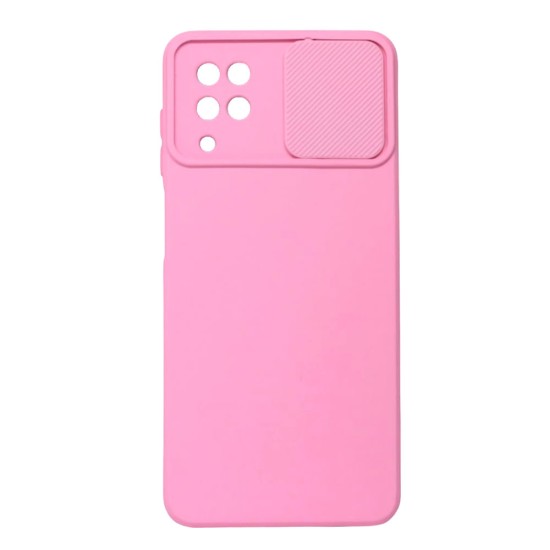 Capa Silicone Gel Samsung Galaxy A12 Rosa Com Protetor De Câmera E Janela Deslizante