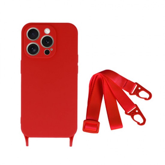 Funda De Silicona Apple Iphone 15 Pro Max Rojo Con Protector De Cámara Y Cuerda