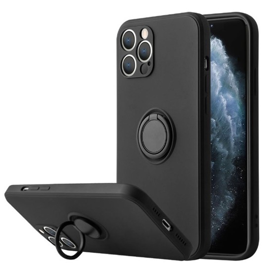 Funda De Silicona Apple Iphone 14 Pro Negro Con Protector De Cámara Y Soporte De Anilla