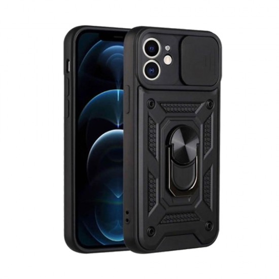 Apple Iphone 11 Black Finger Ring TPU Silicone Case With Camera Protector And Sliding Window