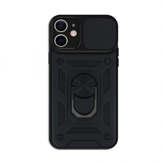 Apple Iphone 11 Black Finger Ring TPU Silicone Case With Camera Protector And Sliding Window