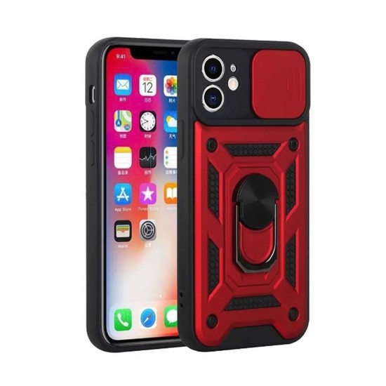 Funda De Silicona TPU Con Anillo Para El Dedo Apple Iphone 11 Rojo Con Protector De Cámara Y Ventana Deslizante