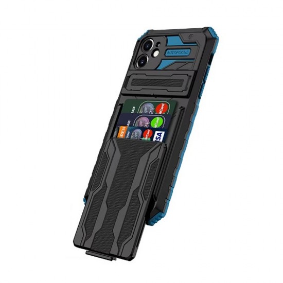 Apple Iphone 11 Blue TPU Silicone Case With Camera Protector, Kickstand And Card Holder