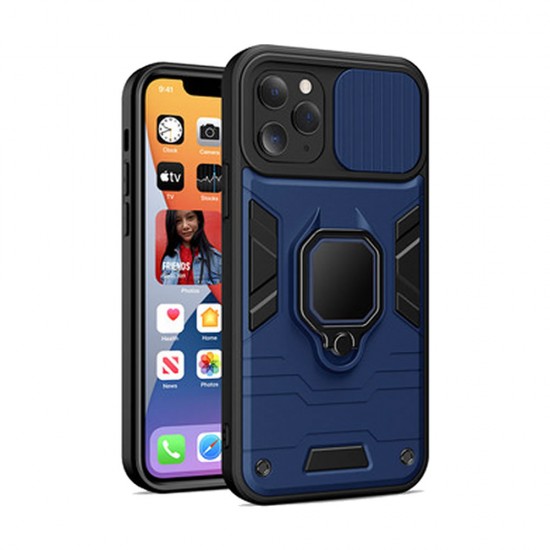 Capa Silicone Tpu Com Anel De Dedo Apple Iphone 11 Pro Azul Com Protetor De Câmera E Janela Deslizante