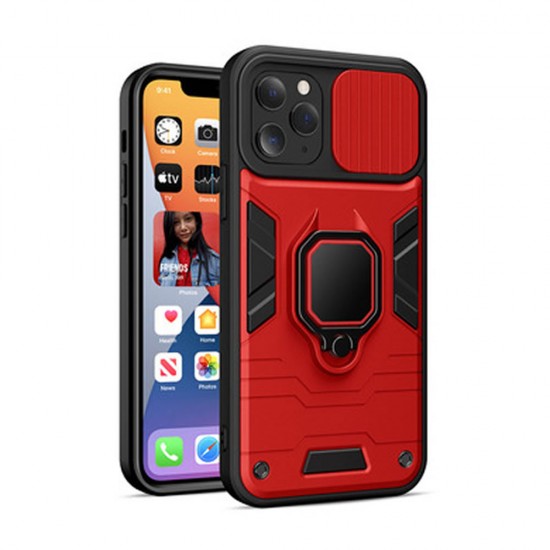 Apple Iphone 11 Pro Red Finger Ring TPU Silicone Case With Camera Protector And Sliding Window