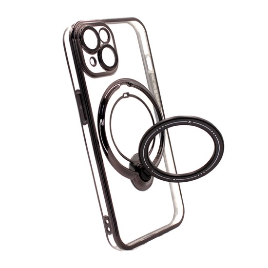 Apple Iphone 14 Black Magsafe Silicone Case With Finger Ring And Camera Protector Lens