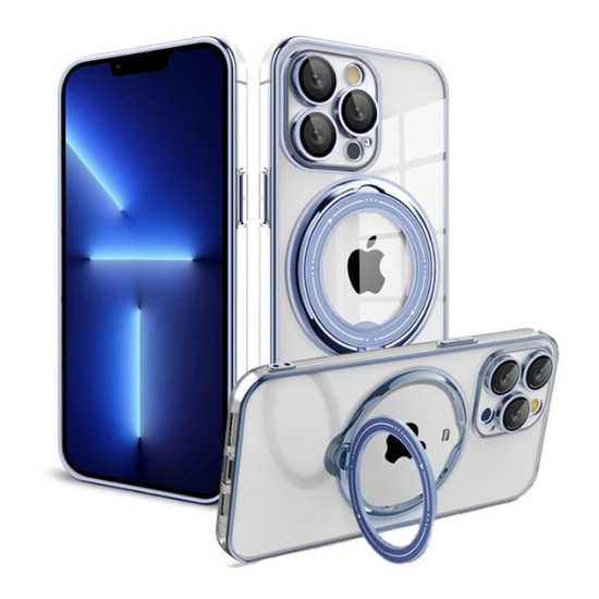 Apple Iphone 14 Pro Max Blue Magsafe Silicone Case With Finger Ring And Camera Protector Lens