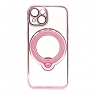 Apple Iphone 14 Pink Magsafe Silicone Case With Finger Ring And Camera Protector Lens