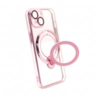 Capa Silicone Com Anel De Dedo Apple Iphone 14 Rosa Com Lente Protetora De Câmera Magsafe