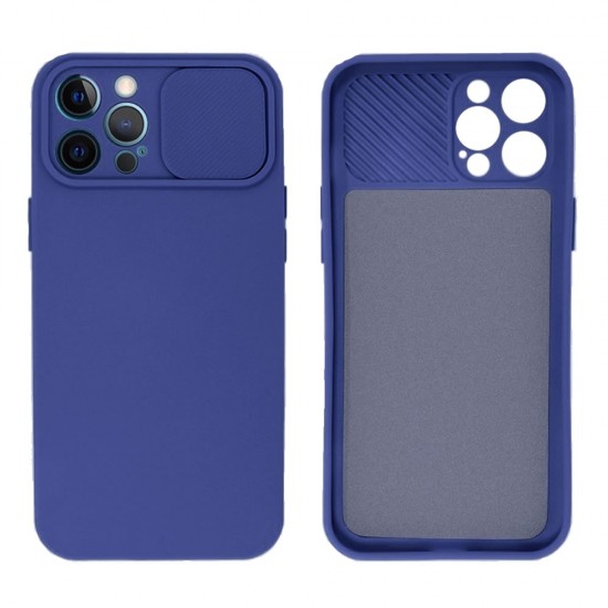 Capa Silicone Gel Apple Iphone 14 Pro Max Azul Escuro Com Protetor De Câmera E Janela Deslizante