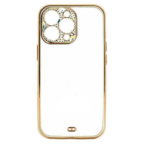 Apple Iphone 14 Pro Max Gold With Camera Protector And Glitter Stones Silicone Gel Case