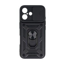 Capa Silicone Tpu Com Anel De Dedo Apple Iphone 16 Plus Preto Com Protetor De Câmera E Janela Deslizante