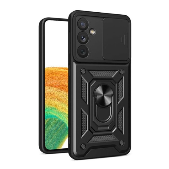 Capa Silicone Tpu Com Anel De Dedo Samsung Galaxy A34 5g Preto Com Protetor De Câmera E Janela Deslizante