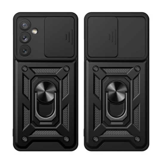 Capa Silicone Tpu Com Anel De Dedo Samsung Galaxy A34 5g Preto Com Protetor De Câmera E Janela Deslizante