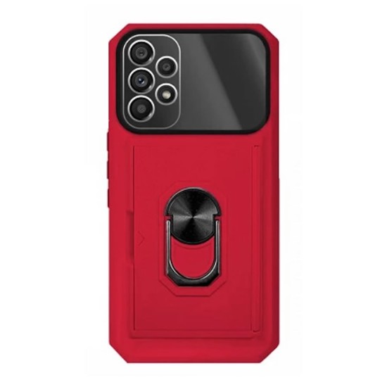 Funda De Silicona Dura Y Metal Kickstand Samsung Galaxy A13 4G Rojo Con Protector De Cámara Y Tarjetero