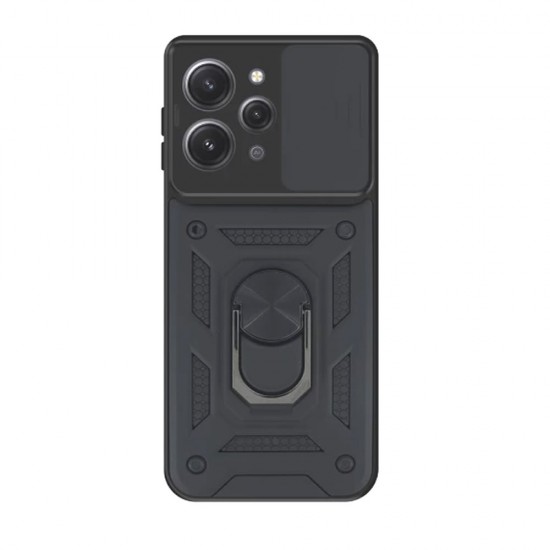 Xiaomi Redmi 12 Black Finger Ring TPU Silicone Case With Camera Protector And Sliding Window