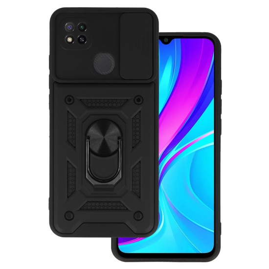 Capa Silicone Com Anel De Dedo Xiaomi Redmi 9c Preto Com Protetor De Câmera E Janela Deslizante