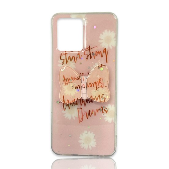 Funda De Gel De Silicona Realme 8/8 Pro 6.4" Con dibujo Bling Glitter Rosa y Mariposa Stand Strong