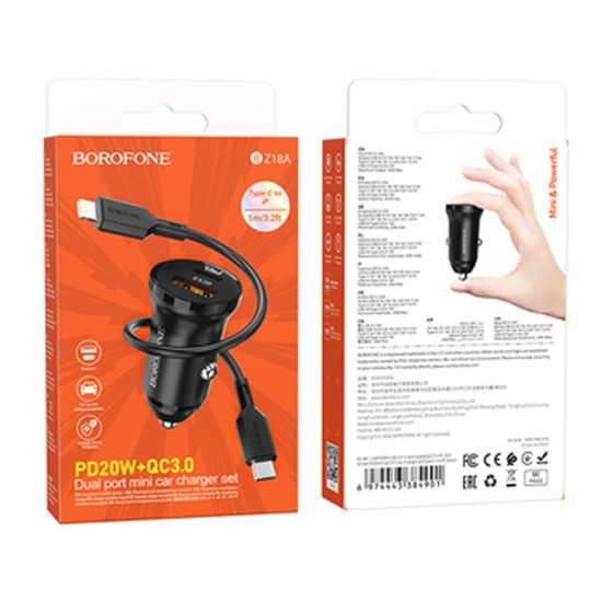 Cargador De Coche Borofone Bz18a Negro 20W 3.0A 5V USB Type C