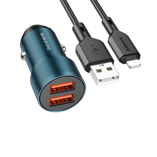 Cargador De Coche Borofone BZ19 Azul Dual Port USB Para Iphone 12W Lightning Cable