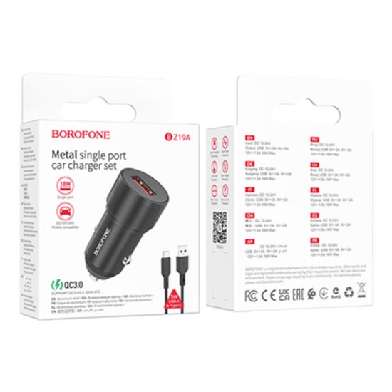 Borofone Bz19a Car Charger Black 18W 3.0A 5V USB And Type C