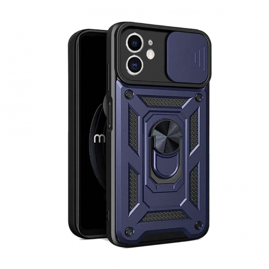 Apple Iphone 11 Blue Finger Ring TPU Silicone Case With Camera Protector And Sliding Window