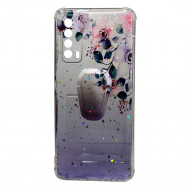 Huawei Capa Silicone Com Desenho Bling Glitter Huawei P Smart 2021 Purpura Flowers Com Kickstand