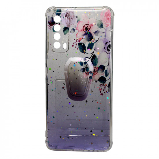 Cover Silicone Bling Glitter For Huawei P Smart 2021 Purple Flowers With Kickstand