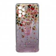 Cover Silicone Bling Glitter For Samsung Galaxy A72 Pink Flowers With Kickstand