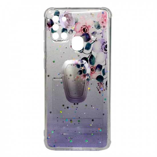 Huawei Capa Silicone Com Desenho Bling Glitter Samsung Galaxy A21s Purpura Flowers Com Kickstand